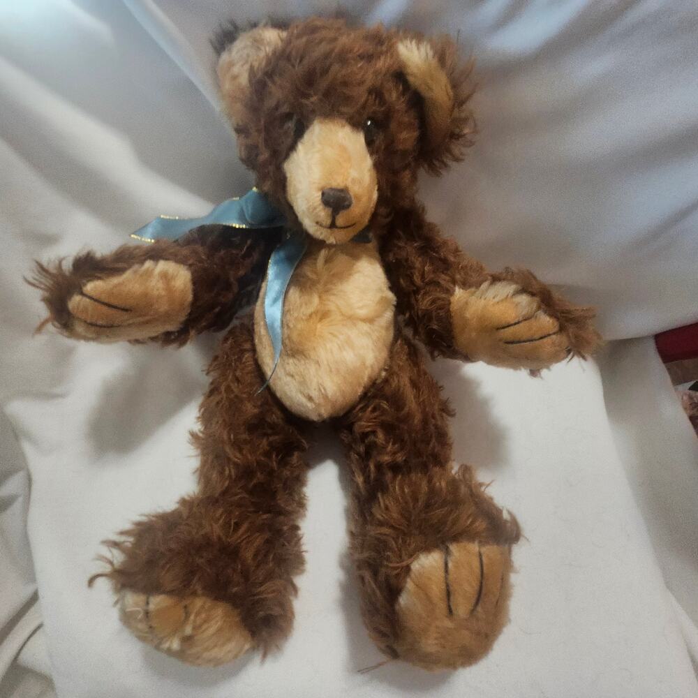 Warren Mohair Bear Mary Meyer Signed 15 in Brown Blue Ribbon Jointed B11